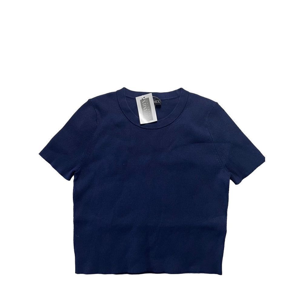 Intermix Women's Navy Crew Neck Katya Rib Knit Short Sleeve Crop Top Size M NWT